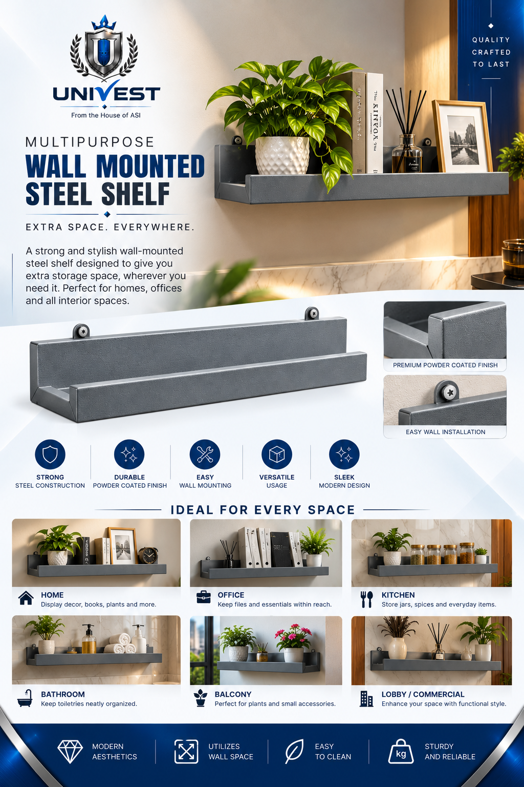 UNIVEST multipurpose wall mounted steel shelf product poster